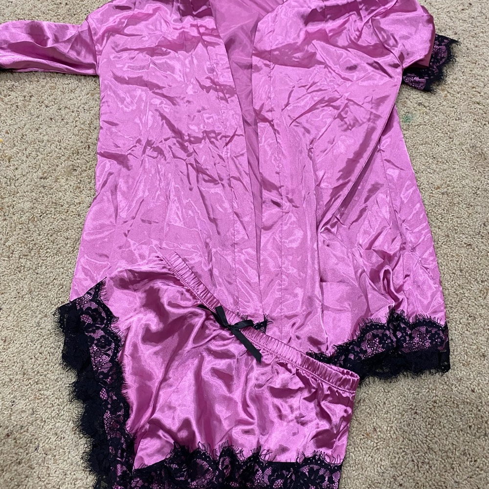 Pink Satin Pajama Set Medium Black Lace Trim Sleepwear Lingerie Set-276 - Picture 1 of 3